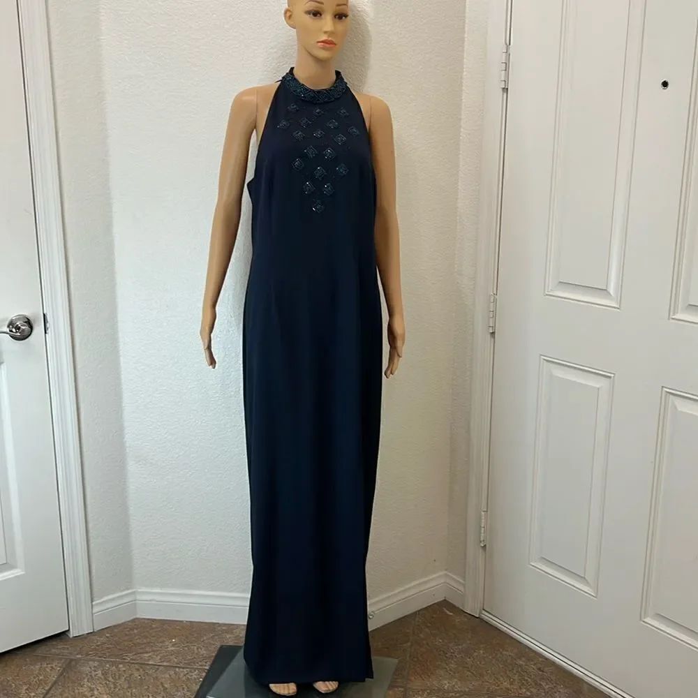 Creative Creations Woman’s Navy Blue Dress Size 16 Beaded Zipper Back Maxi Lined